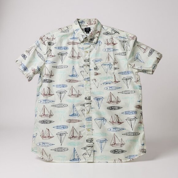 J.Crew Hawaiian Multi Boat on white Short sleeve Men Shirt Size Large - Picture 1 of 3